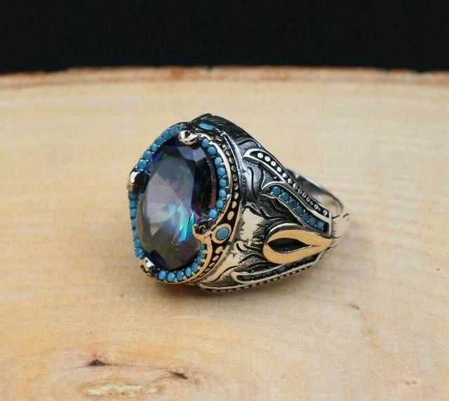 Bague pour homme en topaze mystique faite à la main en argent 925k créée en...