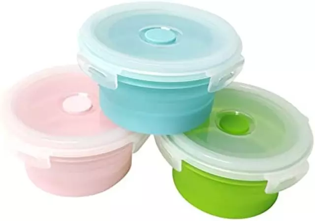 3Pack Collapsible Silicone Food Storage Containers with Lid Foldable Lunch Bowls