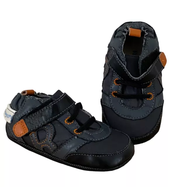 Robeez Black Gray Leather & Fabric Soft Sole Shoes Boys Size 6-9 Months US 3