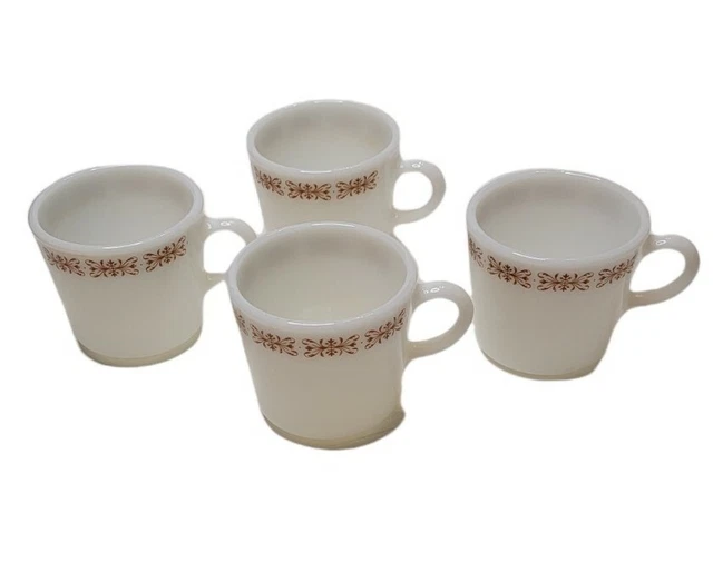 4 VINTAGE PYREX Coffee Mugs/Cups Milk Glass Copper Filigree