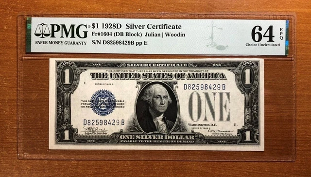 Rare 1928-D $1 Silver Cert. Fr. 1604 DB Block PMG 64 EPQ  Serial D82598429B