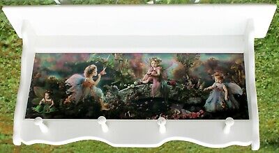 White Wooden Fairy Shelf Coat Hooks Girls Whimsical Bridge Pond Sleeping Flowers