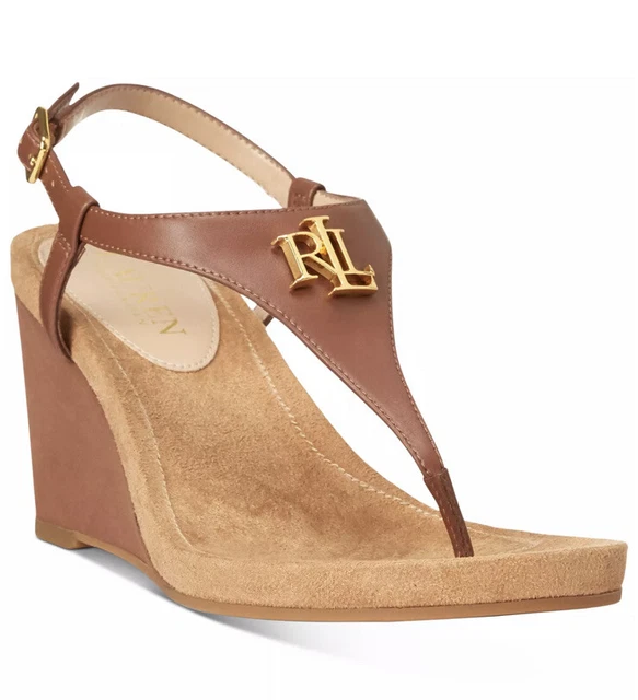 LAUREN RALPH LAUREN Women's Jeannie Wedge Thong Sandal Logo BrownTan