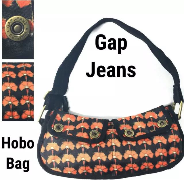 Vintage Gap Hobo Bag Handbag Shoulder Purse Boho Retro Black Floral Logo