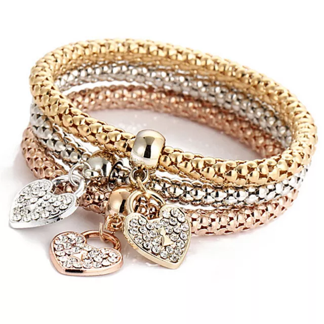 Women 3Pcs Gold Silver Rose Gold Bracelets Set Rhinestone Bangle Jewelry D-u-