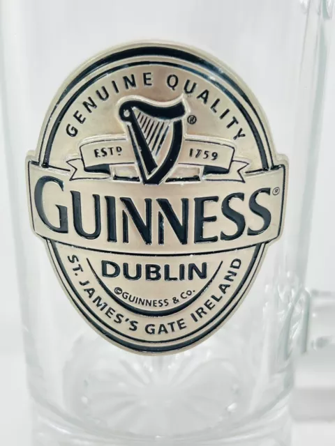 Guinness Dublin Pewter Badge/Emblem 6" Glass Pint Beer Stein Mug