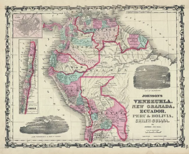 1863 Johnson Map of Venezuela, Peru, Bolivia, Columbia and Ecuador