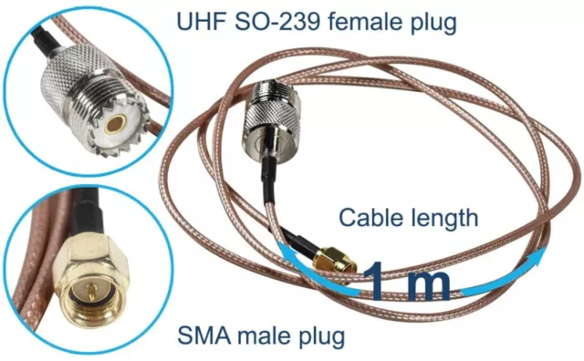 Universal Radio Antenna SMA Male to UHF Cable Adapter SO-239 Female, 1M 3