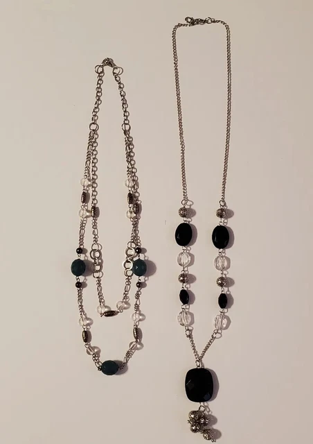 Lot of 2 Silver Tone Necklaces - 1 with Green Beads Layered, 1 with Black Beads