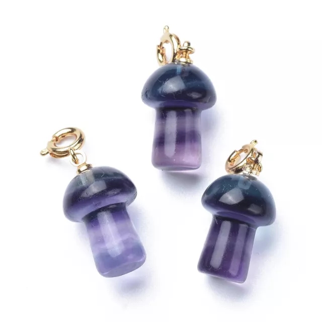 5 Carved Natural Fluorite Mushroom Charms with Brass Spring Ring Clasp 20x11.5mm