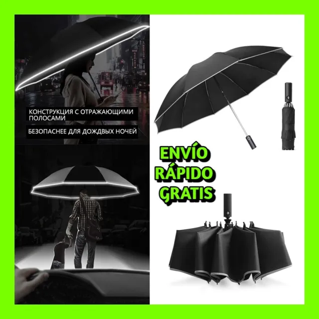 Paraguas Plegable Automático UV Con Tira Reflectante Sombrilla Resistente Lluvia