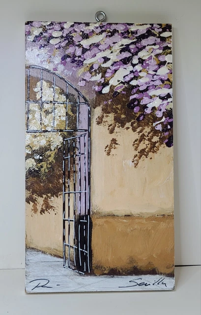 Hand Painted Seville Gate wrought iron signed arched doorway purple flower tree