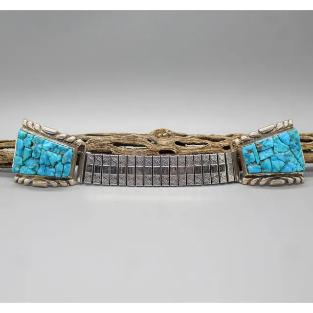 ZUNI-VINTAGE 1970's STERLING & TURQUOISE WATCH BAND by WAYNE & VIRGINIA QUAM