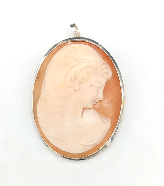 Pendentif Broche Camée Femme En Argent 925 - Camée Naturel Coquille Ormeau Rouge Fait Main