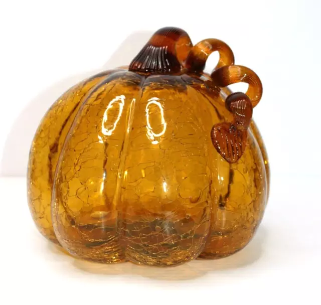 Large Blown Art Glass Pumpkin Amber Crackle with Curly Ribbon Stem Ribbed