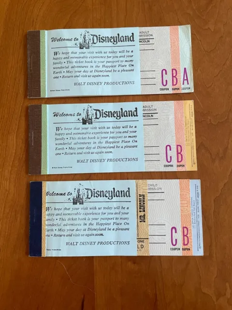 Disneyland tickets, vintage 1970's, 8 tickets, 2 adult/1child