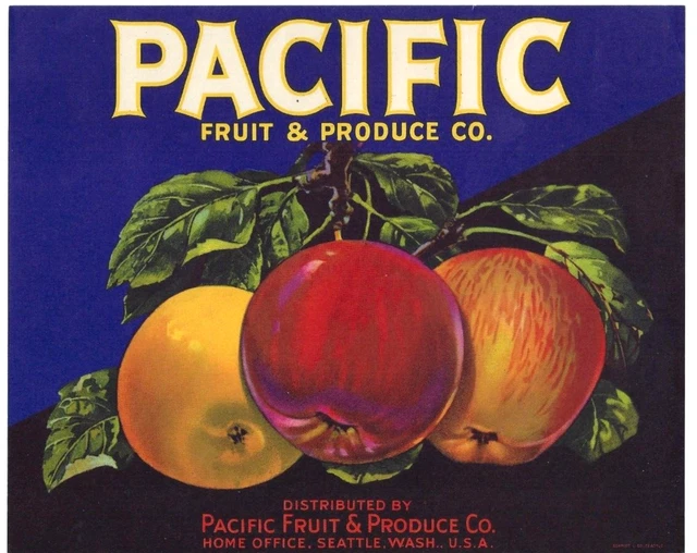 ORIGINAL PACIFIC HALF box apple crate label Seattle Washington 3 apples
