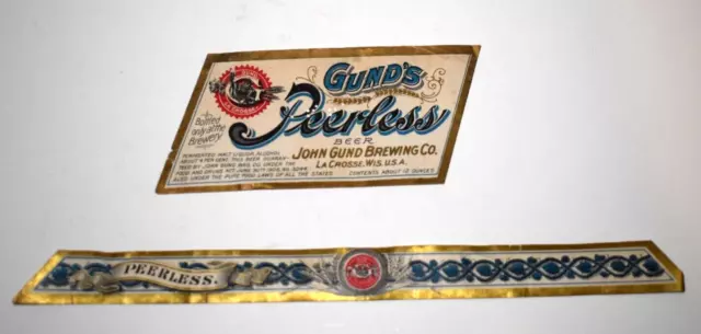 Vintage Rare John Gund Pre Prohibition Peerless Beer Bottle Label Lacrosse Wi