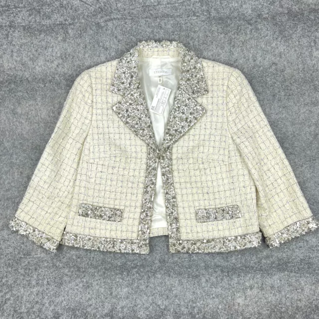 Escada Jacket Womens 40 Ivory Silver Beaded Blazer Embellished Wool Short Lined