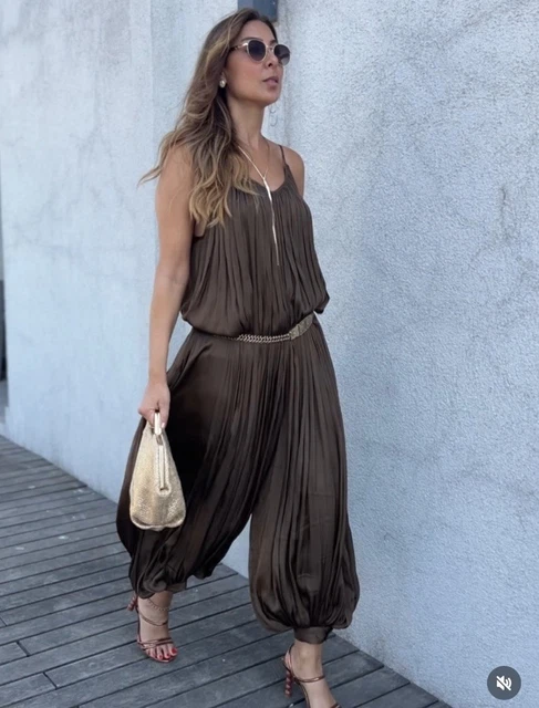 ZARA NEW WOMAN Ss25 Puff-Hem Strappy Zw Pleated Jumpsuit