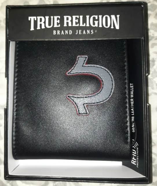 True Religion Brand Jeans Mens Sizer Black Genuine Leather BiFold RFID Wallet
