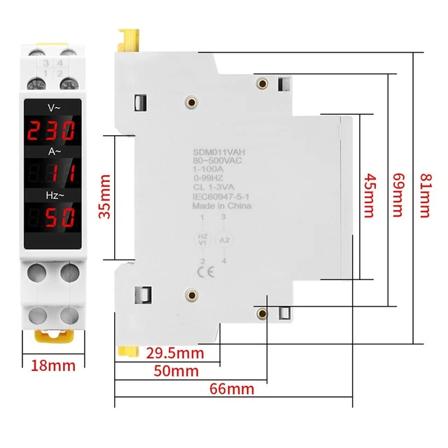 Amperometro Voltmetro Su Guida DIN – Display Doppio LED 0,5” Per Corrente E Tensione AC 80-300V, 0,1-99,9A, Montaggio 35mm