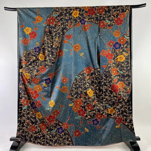 Woman Japanese Kimono Furisode Silk Lattice Design Gold Thread Foil Dark Purple