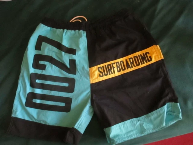 Vtg Priority Male Mens SMALL COLORBLOCK Blue Black Yellow SEWN Swim Trunks