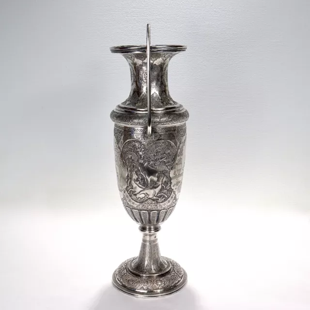 Large Twin-Handled Old or Antique Islamic Ottoman / Persian Repoussé Silver Vase 2