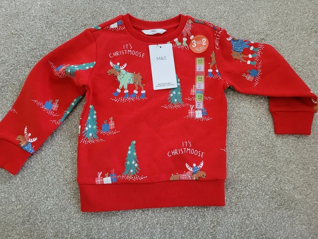 M&S Boys Christmas Jumper Red Age 2-3 Years Moose Marks and Spencer Long Sleeve