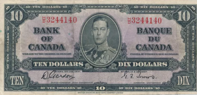 1937 Bank of Canada Ten Dollar Bill. Gordon - Towers $10 Bank Note VF