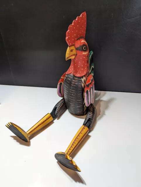 Carved Wooden Rooster Hand Painted Hinged Joint Shelf Sitter Figurine Folk Art