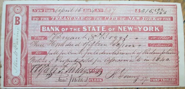 Elijah F. Purdy 1844 Autograph, Signed Check, Bank of State of New York, NY NYC