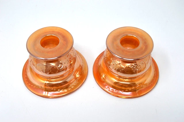 Pair Of Carnival Glass Federal Candle Holders Normandie Marigold