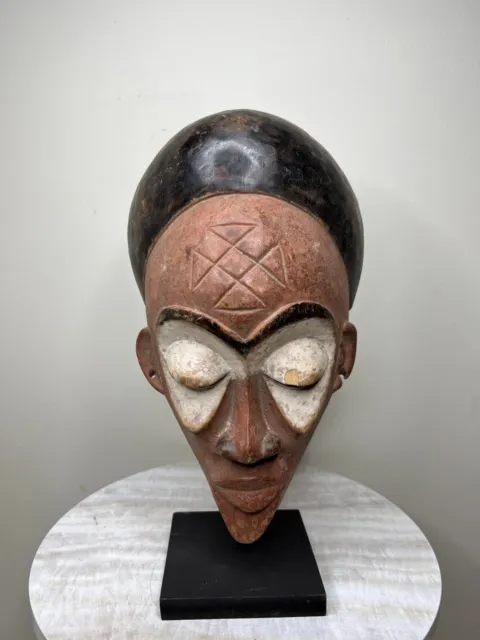 hand carved Chokwe Mask Mwana Pwo with Stand African Art 12" X 6" 2
