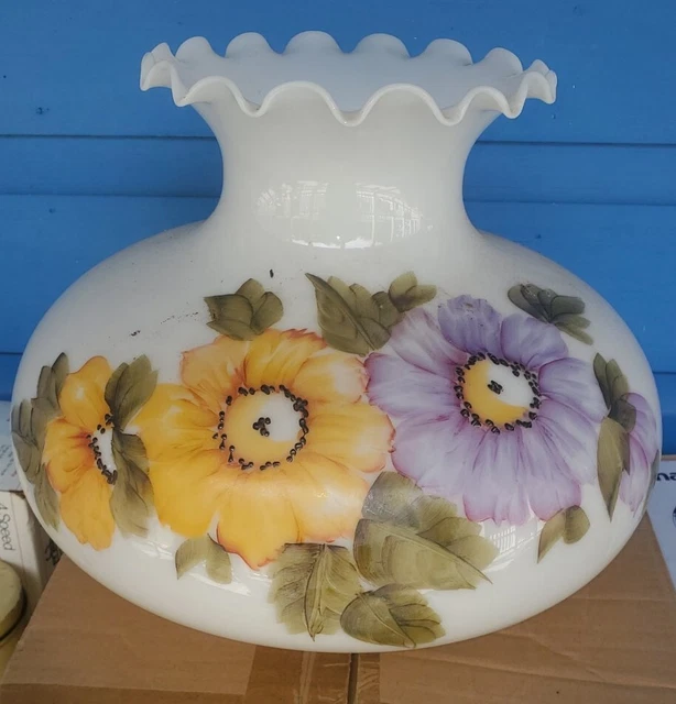 ☆VINTAGE-Hand Painted Flowers~Pansies~Glass GWTW Kerosene Oil Student Lamp Shade