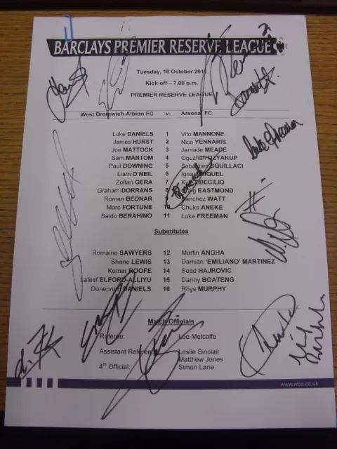 18/10/2011 Autographed Programme: West Bromwich Albion Reserves v Arsenal Reserv