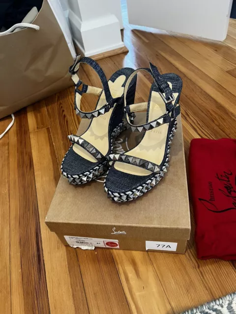 Christian Louboutin Lame Lux Pyraclou 110 Denim Wedge Sandals Size 41