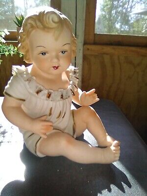 Vintage Antique German Bisque poreclain Large Piano Baby applied ruffle collar