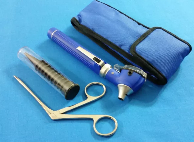 BLUE MINI FIBER OPTIC Otoscope LED Diagnostic+Alligator ENT EAR NOSE forceps KIT