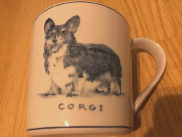 EXC Molly Hatch Anthropologie Corgi Dog Mug Coffee Cup Blue/White Stoneware 16oz