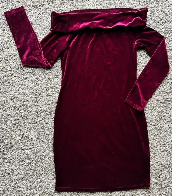 Women’s Burgundy Forever 21 Velvet Long Sleeve Off Shoulder Short Dress Size L