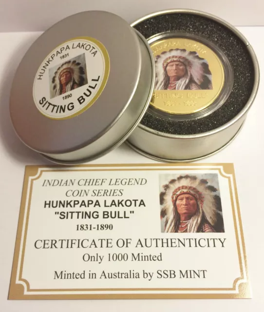 NEW Indian Chief Seris "SITTING BULL" 1 Oz Coin C.O.A. Finished in 999 24k Gold