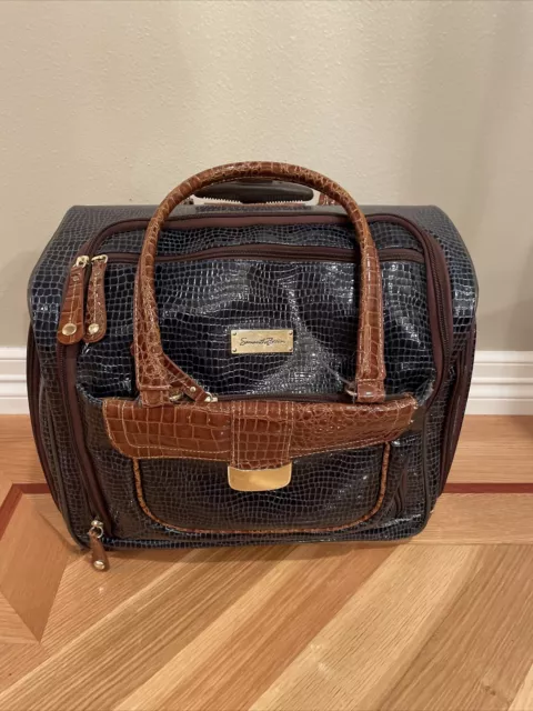 Samantha Brown Classic Navy Croc Embossed Carry On Wheeled Luggage Bag 16" x 16"