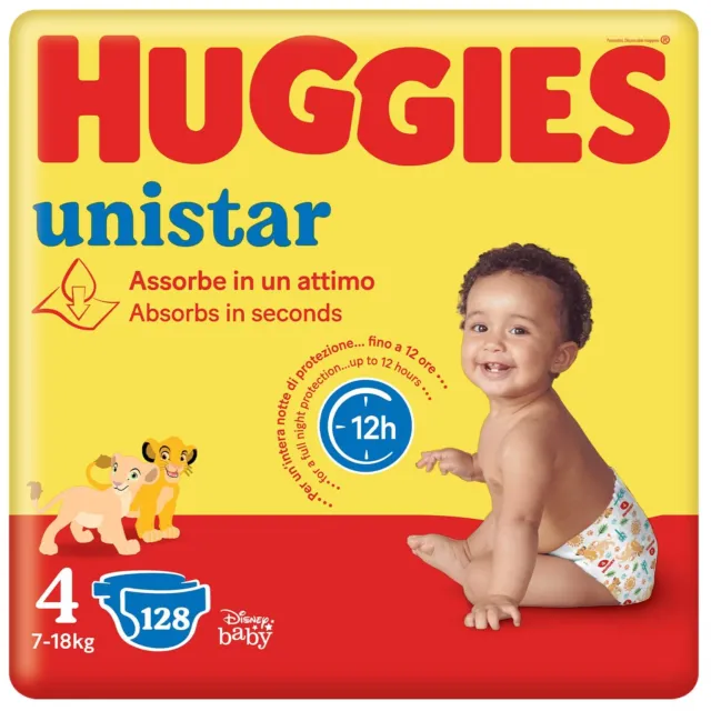 Huggies Unistar Pannolini, Taglia 4, Da 7 a 14 Kg, Confezione Da 128 Pannolini