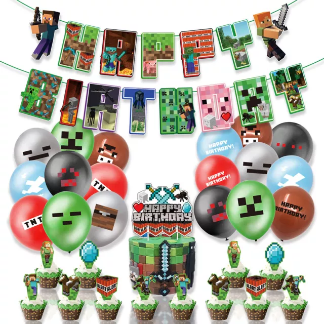 32Pcs Minecraft Theme Backdrop Happy Birthday Party Decorations Supplies Set