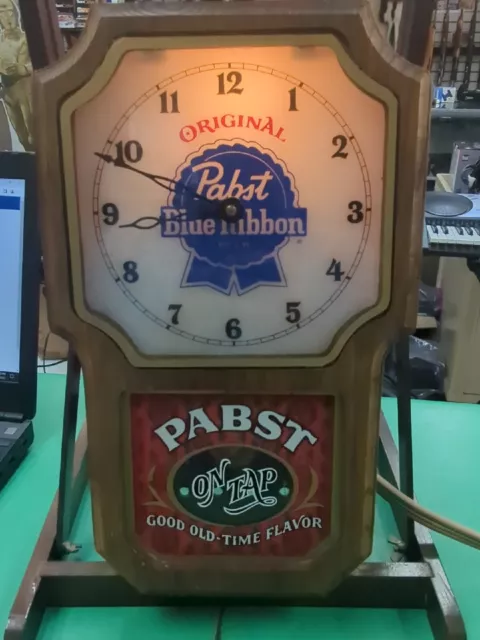 Vintage  Pabst Blue Ribbon Wood Light Wall Clock Old Time Flavor 8.5 W  14" T