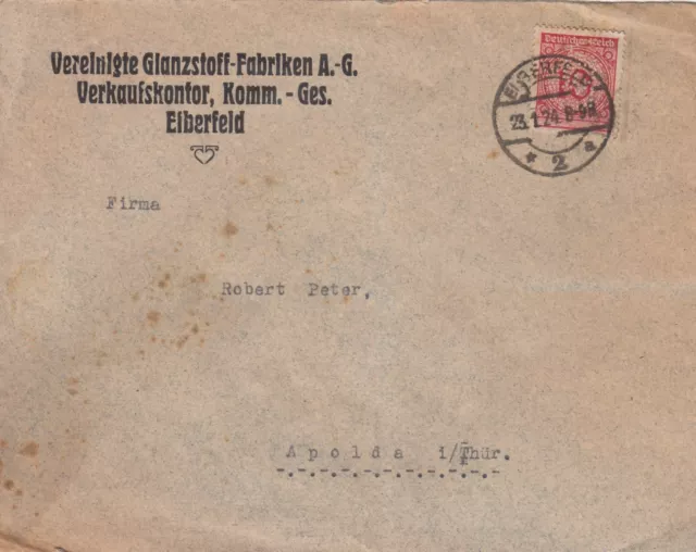 ELBERFELD, Briefumschlag 1924, Vereinigte Glanzstoff-Fabriken AG Verkaufskontor
