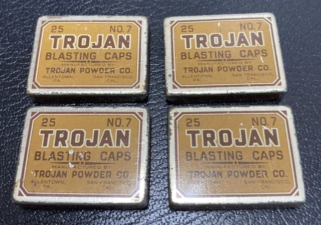 4 Tin Tops Trojan Blasting Caps 25, NO. 7 by the Trojan Powder Co.