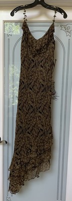 ECI NEW YORK Brown Paisley 100% Silk Beaded Ruffled Asymmetric Dress,  Size 14